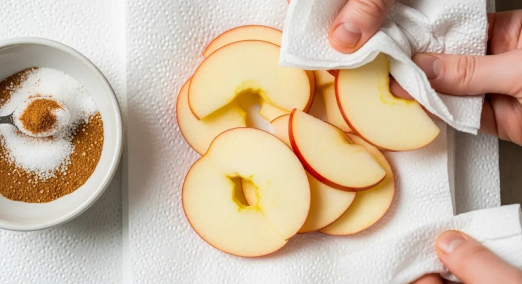 Drying apple slices before rolling into Mini Apple Rose Tarts