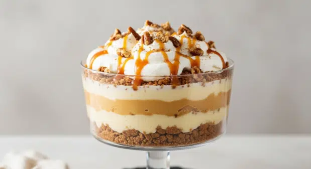 finished pumpkin spice trifle with gingersnap layers in pedestal bowl