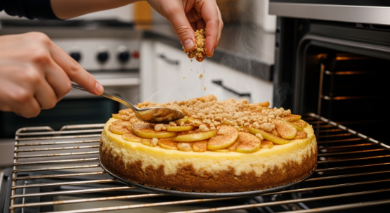 Adding apples and streusel topping to Dutch Apple Cheesecake during baking