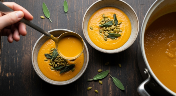 Ladling soup into bowls and topping with pepitas and crispy sage