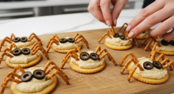 Crackers topped with hummus, pretzel stick legs, and olives being made into spider snacks.