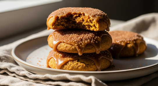 maple glazed pumpkin snickerdoodles soft chewy cookie stack with glossy maple glaze