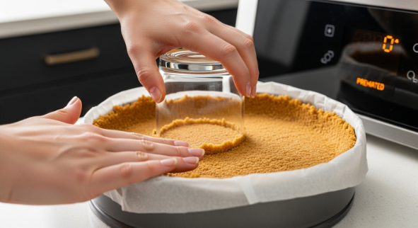 Pressing graham cracker crust for Dutch Apple Cheesecake into springform pan