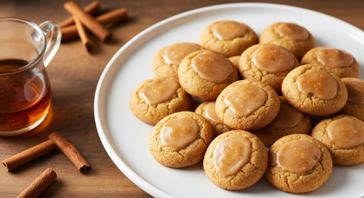 platter of maple glazed pumpkin snickerdoodles arranged with maple syrup pitcher
