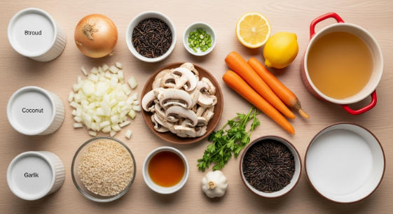 Flat lay of ingredients for mushroom and wild rice soup