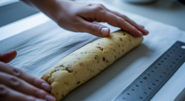 shaping shortbread dough log with walnuts