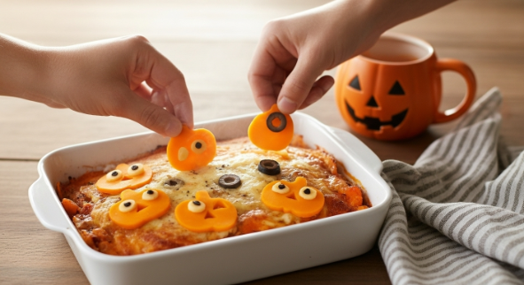 Adding cheddar pumpkin faces and olive eyes to the casserole