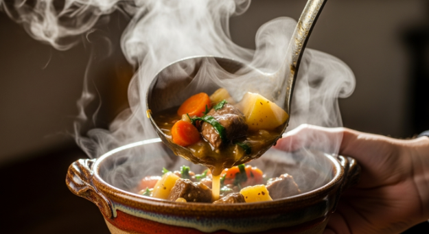 Ladling Slow Cooker Chicken and Sweet Potato Stew into a bowl