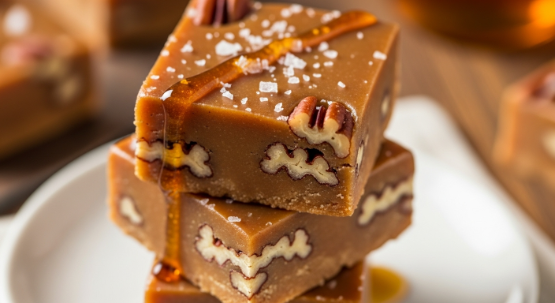 finished maple pecan fudge squares stacked on plate