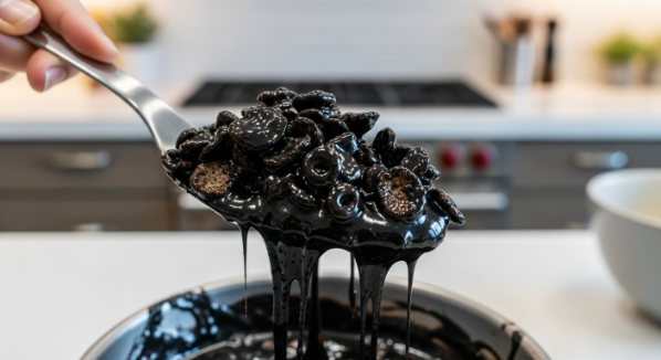Black cocoa and black gel color stirred into melted marshmallows