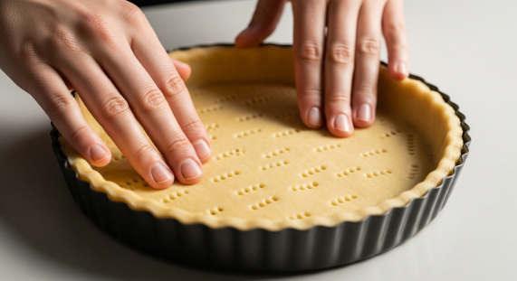 pressing tart shell for salted caramel chocolate tart in pan