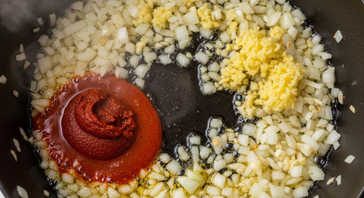 Blooming curry paste with onion, garlic, and ginger for Pumpkin Coconut Curry Soup