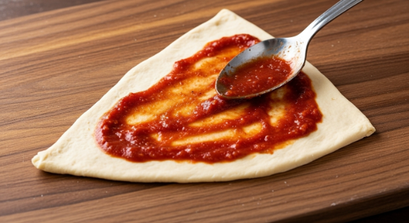 Spreading sauce on a witch hat pizza triangle