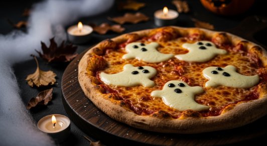 Halloween ghost pizza with melted mozzarella ghosts, black olive eyes, and spooky table decorations on a rustic wooden board.