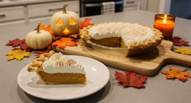 Slice of homemade pumpkin pie topped with whipped cream and cinnamon on a white plate in a modern kitchen.
