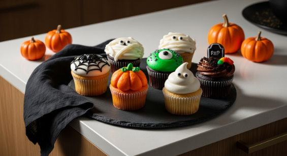 a variety of easy Halloween cupcakes (spiderweb, mummy, monster, pumpkin, ghost, graveyard) on a slate platter in a modern kitchen