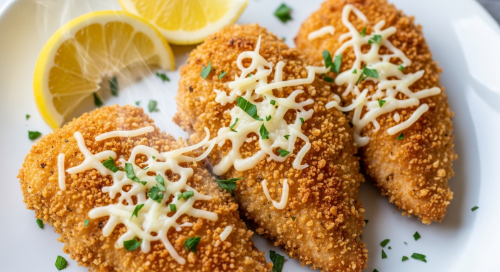Air fryer Parmesan crusted chicken cutlets with lemon and parsley