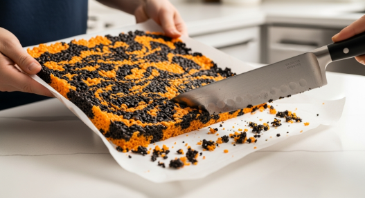 Cutting set Rice Krispie slab into neat squares with a greased knife