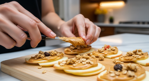 Crisp apple wedges topped with creamy peanut butter and granola for a fast fall snack.
Fall snacks apple slices with peanut butter and granola in a modern kitchen
