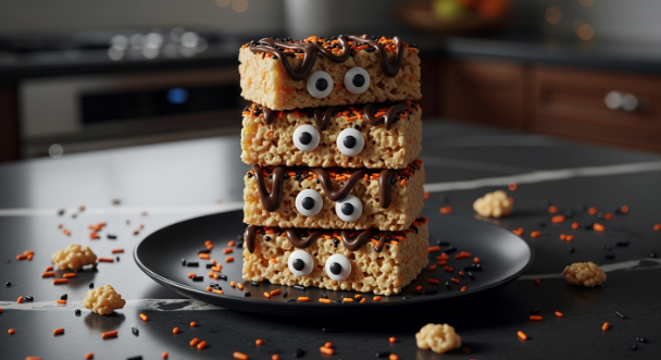 Stack of Halloween Rice Krispie Bars with candy eyes and chocolate drizzle