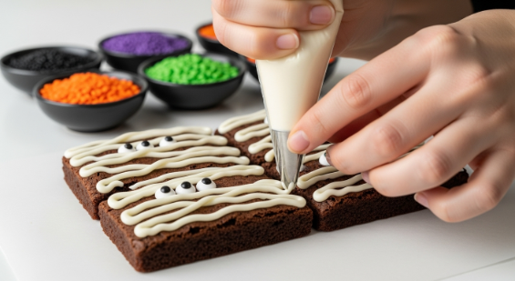 Piping white mummy stripes and adding candy eyes to Halloween brownies