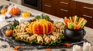 Halloween party platter with mummy dogs, pumpkin cheese ball, spider crackers, and veggie dip cauldron.