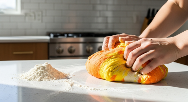 Hands kneading orange, yellow, and white candy corn dough on a countertop