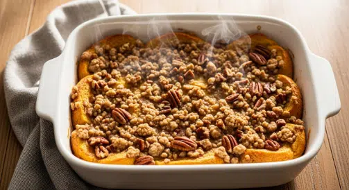 Pumpkin Spice French Toast Bake with crunchy streusel in a white pan