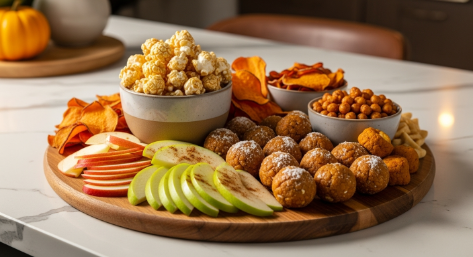 Fall snacks platter with apple slices, pumpkin bites, caramel popcorn, roasted chickpeas, and sweet potato chips