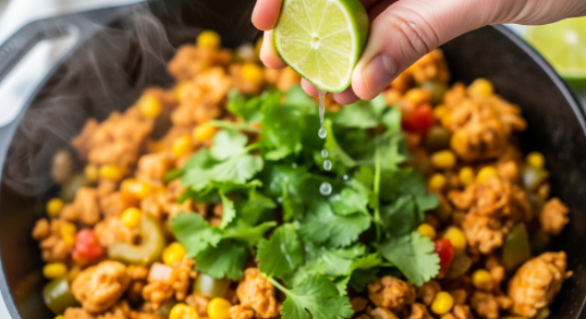 Finishing Turkey and White Bean Chili with lime and cilantro