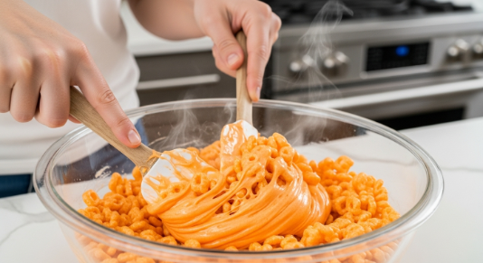Folding cereal into orange marshmallow mixture with a greased spatula