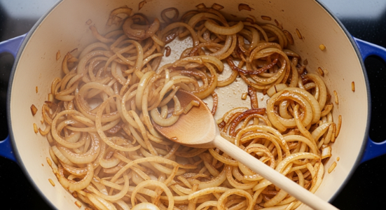 Onions turning deep golden while caramelizing for French Onion Soup
