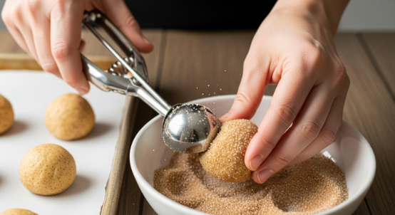 scooping and rolling maple glazed pumpkin snickerdoodles in cinnamon sugar