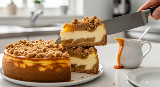 Slicing chilled Dutch Apple Cheesecake with caramel drizzle