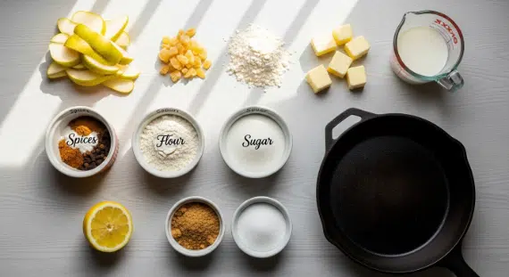 Ingredients for Rustic Pear Ginger Cobbler arranged in bowls