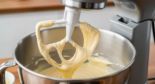 Mixing cheesecake batter for Dutch Apple Cheesecake in stand mixer