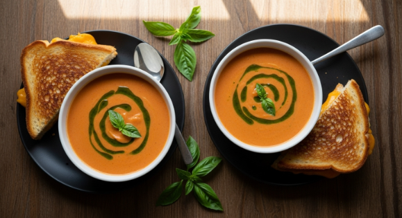 Roasted Tomato Basil Soup served with grilled cheese