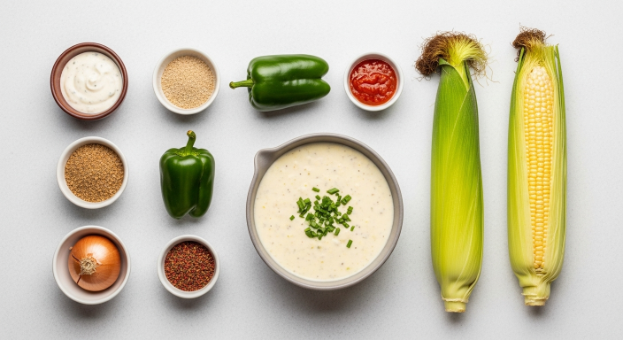 Flat lay of poblano peppers, corn, potatoes, aromatics, spices, broth, and cream