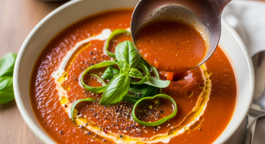 Finishing Roasted Tomato Basil Soup with basil and seasoning