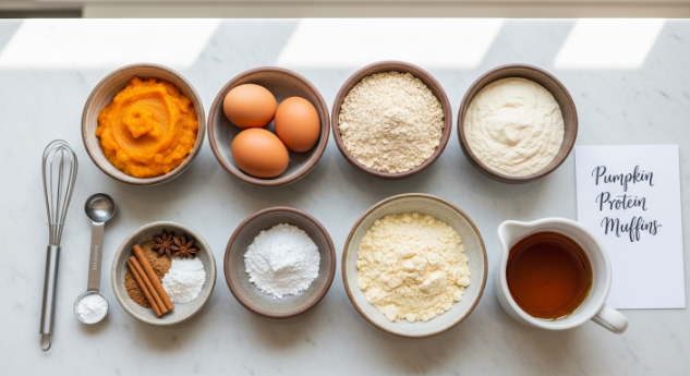 Ingredients for pumpkin protein muffins including pumpkin puree, oat flour, vanilla protein powder, eggs, maple syrup, and spices on a counter