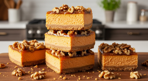 Stack of maple walnut sweet potato cheesecake bars with visible layers, crumbs on the board, topped with maple walnut glaze, warm natural light, modern kitchen background, photorealistic
