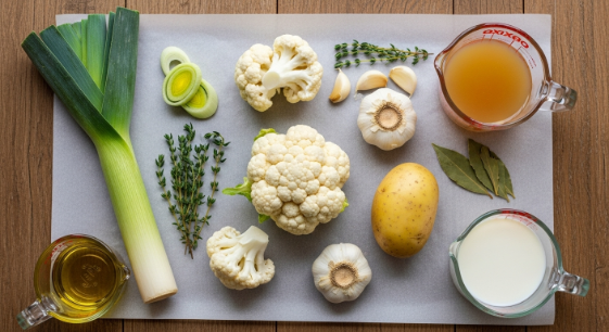 Flat lay of cauliflower, leeks, potato, garlic, broth, and herbs for creamy soup