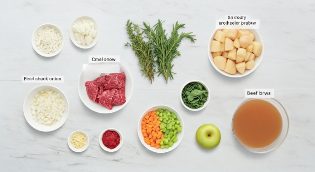 Beef and Vegetable Stew ingredients measured and arranged on a board