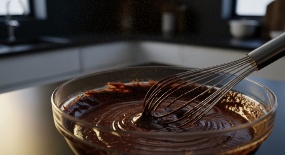 Whisking glossy Halloween brownie batter in a glass bowl in a modern kitchen