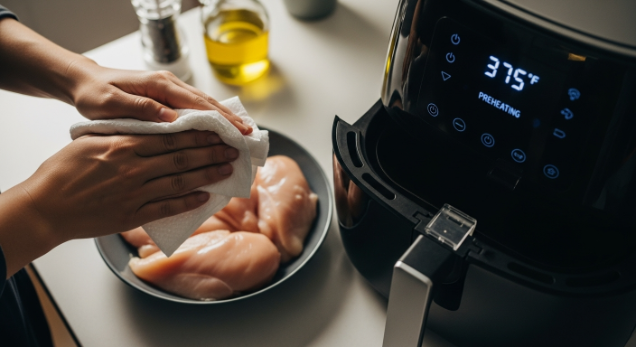 Patting chicken dry while air fryer preheats