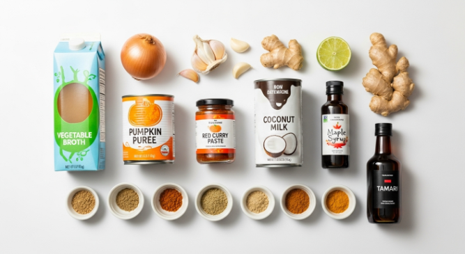 Flat lay of ingredients for Pumpkin Coconut Curry Soup