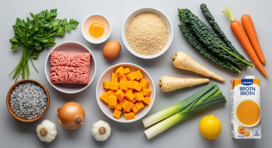 Ingredients for Italian Wedding Soup with Fall Vegetables arranged on a board