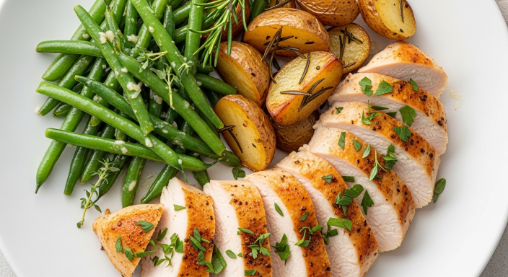 Sliced air fryer chicken breast with herbs served with sides