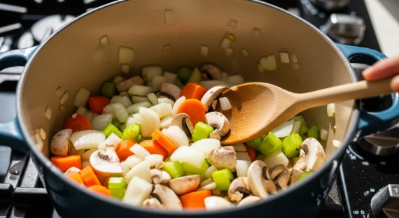Aromatics and mushrooms sautéing in a Dutch oven