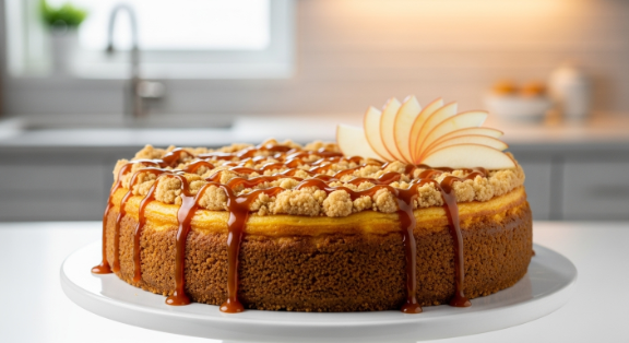 Dutch Apple Cheesecake with streusel and caramel drizzle on cake stand